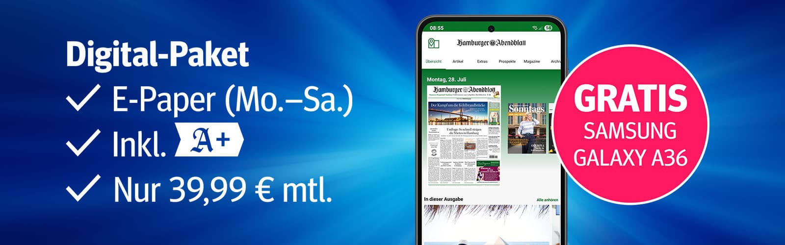 Ein Smartphone zeigt das Digital-Paket für 39,99 Euro, inklusive E-Paper und einem gratis Samsung Galaxy A36.