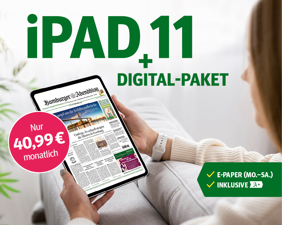 Eine Frau sitzt auf einem Sofa und hält ein iPad 11 Tablet, das das digitale Zeitungsangebot für nur 40,99 Euro monatlich zeigt.