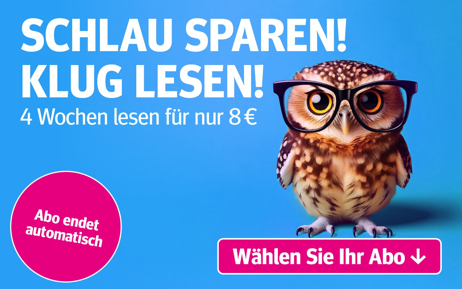 Anzeige für ein 4-wöchiges Lese-Abo für 8 €. Eine niedliche, braun-weiß gefleckte Eule mit großen Augen und runder schwarzer Brille ist abgebildet. Text links: Schlau sparen! Klug lesen! 4 Wochen lesen für nur 8 €. Rechts ein pinker Kreis mit Abo endet automatisch und ein Button zur Aufforderung ein Abo zu wählen.