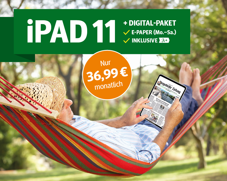 Werbeanzeige für Tablets in Kombination mit einem Abonnement der 'Bergedorfer Zeitung'. Angepriesen wird ein Apple iPad 11 für 36,99€ ohne zusätzliche Kosten zum Zeitungsabo