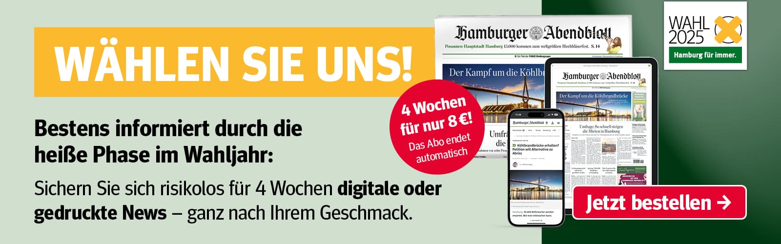 Jetzt abonnieren und Probelesen. 4 Woczhen für nur 8 €. Das Abo endet automatisch.