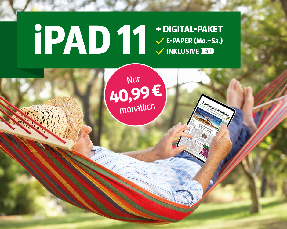 Mann entspannt in Hängematte und nutzt iPad 11 im Grünen. Angebot: Digitale Zeitung + iPad für 40,99 € im Monat.