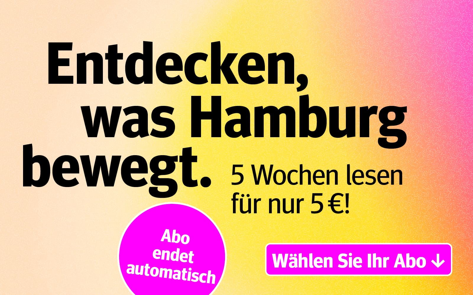 Text: 'Entdecken, was Hamburg bewegt. 5 Wochen lesen für nur 5 €! Abo endet automatisch.'