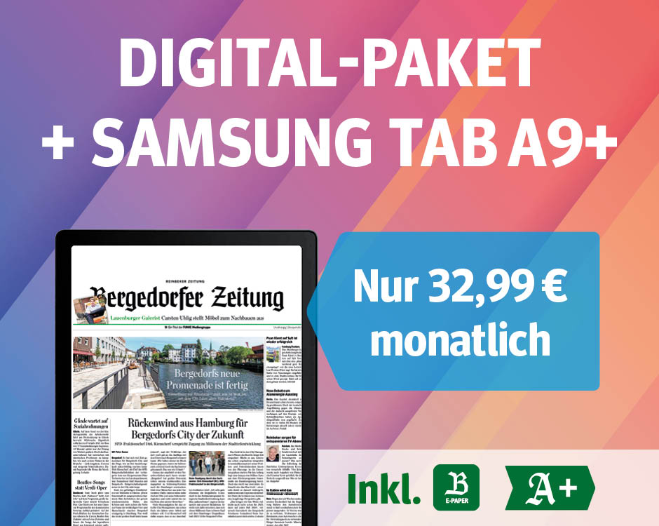 Werbeanzeige für ein Tablet-Angebot.Ein Tablet zeigt die Titelseite der Zeitung, daneben ein Angebot für ein Samsung Galaxy A9+ Tablet für 32,99 € monatlich.